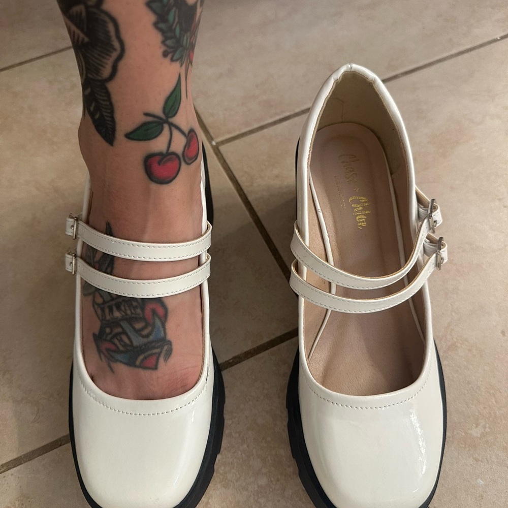 Chase + Chloe White and Black Mary Jane with Double Strap Design